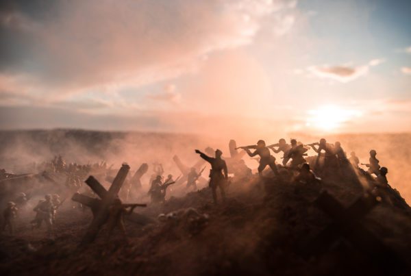 World War 2 reenactment (D-day). Creative decoration with toy soldiers, landing crafts and hedgehogs. Battle scene of Normandy landing on June 6, 1944.